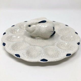 The Potting Shed Dedham Pottery Deviled Egg Tray Plate Dozen Blue & White Vtg 81