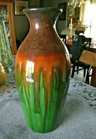 Vintage Studio Art Pottery Vase Drip Glaze Orange Green Sparkle Brown 14 In