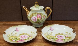 Lefton China Heritage Green - - 5 Cup Teapot 792,  (2) Cake Plates Plate 719