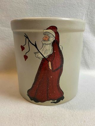 Vintage Rrp Roseville 1 Gallon Stoneware Pottery Crock With Hand - Painted Santa