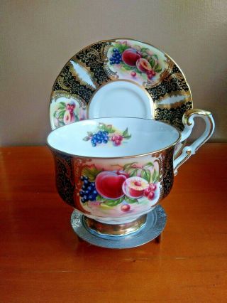 Paragon Bone China Peaches & Fruit Black & Gold Design Pattern Tea Cup & Saucer