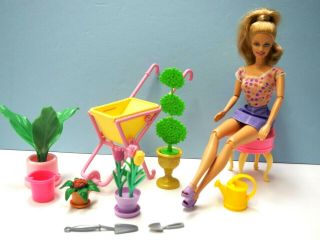 Barbie Doll,  Fully Jointed,  With Plants And Garden Cart And Accessories,