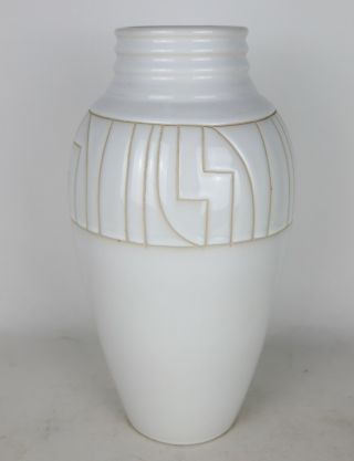Large Vintage White Glazed Ceramic Vase Geometric Pattern Deco Mid Century