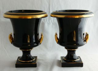 Vintage Pair The Trenton Potteries Nj Porcelain 2 Handle Black Urn Vases