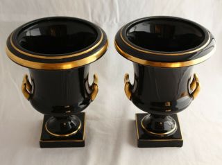 Vintage Pair The Trenton Potteries NJ Porcelain 2 Handle Black Urn Vases 2
