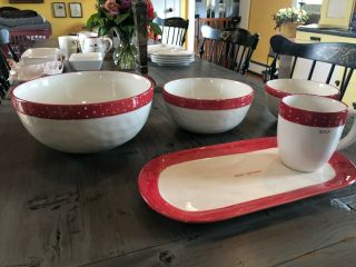 RAE DUNN 5 Pc Set RED POLKA DOT,  Mixing bowls,  Mug & Platter,  Christmas, 3