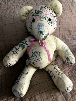 Handmade One Of A Kind Teddy Bear Made From Old Quilt Names Of States