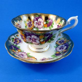 Royal Albert Purple & Yellow Pansy Heavy Gold Tea Cup And Saucer Some Gold Loss