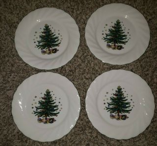 Nikko " Happy Holidays " 4 Dinner Plates 10 " Christmas Tree Scalloped
