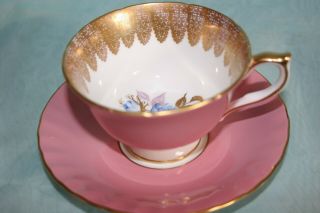 Lovely Vint Aynsley Bone China Cup Saucer Set - Pink/gold W/blue Cabbage Rose