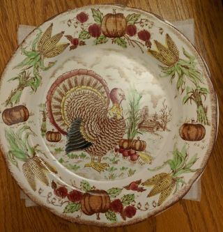 5 Vintage Thanksgiving Hand Painted Tom Turkey Dinner Plates Corn Cob & Pumpkins