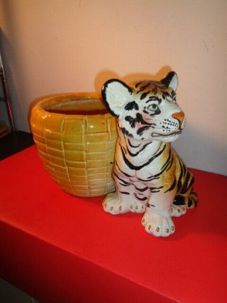 Vintage Large Italian Tiger Cub Ceramic Planter Made In Italy (10 By 15 By 10 ")