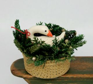 Vintage Clay Christmas Goose In A Basket Artisan Dollhouse Miniature 1:12