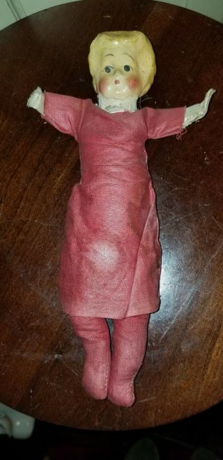 Antique Paper Papier - Mache Shoulder Head Doll 9 " Tall Cloth Straw Stuffed Body