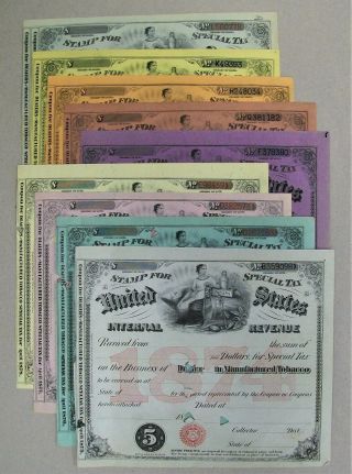 1874 - 1883 Dealer In Manufactured Tobacco Special Tax Stamps 9 Different