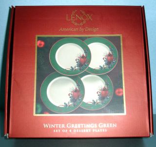 Lenox Winter Greetings Set of 4 Dessert Plates Green Band & Cardinal Boxed 2