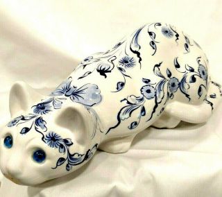 Elpa Alcobacat White Cobalt Porcelain Kitty Cat Figurine Blue Glass Eyes