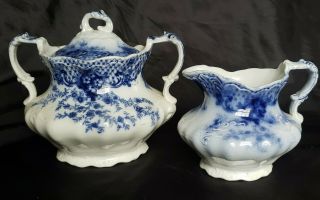 Antique Flow Blue Wharf Pottery Keswick Semi Porcelain Creamer &sugar Bowl