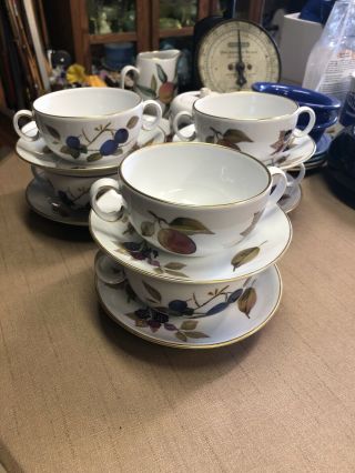 Evesham Gold Royal Worcester Six Flat Cream Soup Bowls Two Handles W/ Saucers