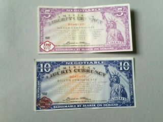(2) Norfed American Liberty Currency $5 & $10 Silver Certificates Series 2000