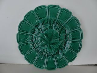 3 Antique French Majolica Green Sarreguemines Grape Leaf Plates 8.  75 Inches