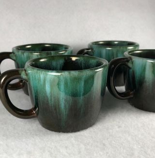 Vintage Blue Mountain Green Over Black Glaze Red Clay Coffee Mugs Set Of 4