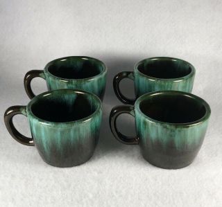 Vintage Blue Mountain Green Over Black Glaze Red Clay Coffee Mugs Set Of 4 3