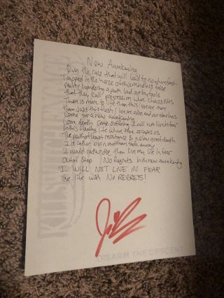 Signed Killswitch Engage Handwritten Lyric Sheet Rare