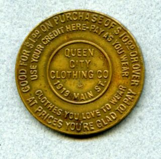 Queen City Clothing Co Niagara Falls Ny $1 Token Swastika Brass 31.  5 Mm