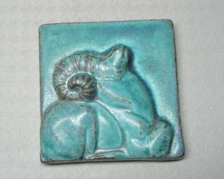 Pewabic Pottery Detroit Tile Of A Ram 1995 Interesting Blue Glaze (9741)