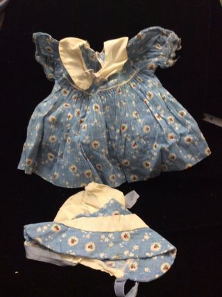 Vintage Baby Doll Dress Bonnet Shirley Temple Composition Antique Blue