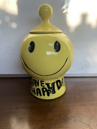 Vintage Mccoy Have A Happy Day Cookie Jar Smiley Face Yellow