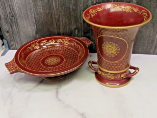 Mottahedeh Vase Urn & Pedestal Bowl Maroon Red & Gold Medalion Porcelain Italy
