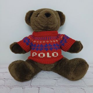 Ralph Lauren Vintage 2000 Brown Plush Teddy Bear Red Polo Alpine Sweater 14 Inch