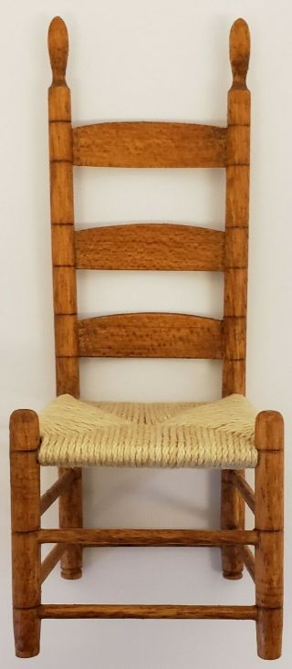 Vintage 4 " Miniature Dollhouse Woven Seat Ladder Back Chair Signed Ga/dated 1977