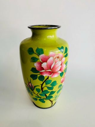 Vintage Art Vase,  Japan,  Lime Green Silver Metal Edges,  Hand Painted Rose Design
