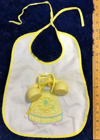 Vintage 1960s Applique Terry Baby Bib & Telephone Rattle Toy Large Doll Phone