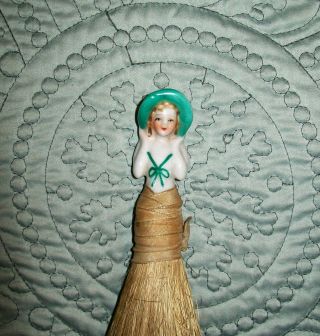Antique German Porcelain China Half Doll Straw Clothes Brush