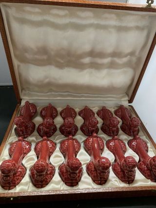 Antique Set Of 12 Pink Poodle Knife Rests In Orig Box Shape