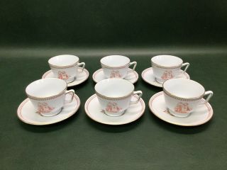 Set Of 6 Spode Trade Winds Red W/ Gold Trim London Shaped Footed Cups & Saucers