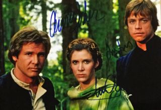 Carrie Fisher,  Mark Hamill And Harrison Ford Signed 6x8 Photo Autograph