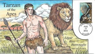 4702 Edgar Rice Burroughs:tarzan With Lion Forever Collins Fdc Hand - Painted