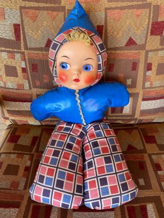Vintage 1940s Carnival Prize Cloth Stuffed Doll Plastic Face Blonde Plush Blue