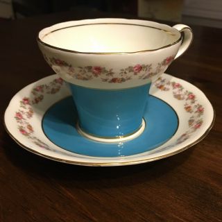 Aynsley Corset Shape Tea Cup And Saucer Pink Roses Turquoise Teal Blue Vintage
