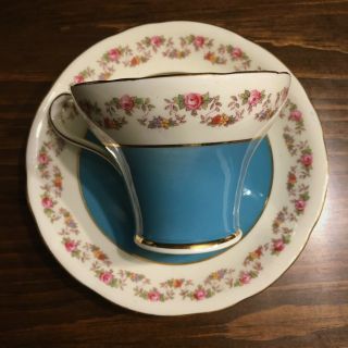 Aynsley Corset Shape Tea Cup and Saucer Pink Roses Turquoise Teal Blue Vintage 2