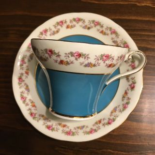 Aynsley Corset Shape Tea Cup and Saucer Pink Roses Turquoise Teal Blue Vintage 3