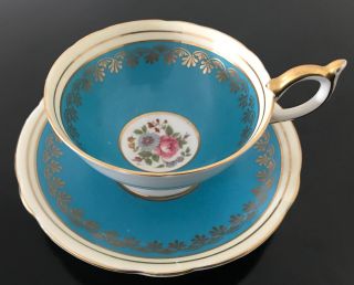 Aynsley England Tea Cup And Saucer Flowers Turquoise Blue