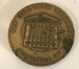 Medallic Art Co Ny York Stock Exchange Bicentennial 1992 Bronze Medal 3” Dia