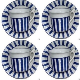 Bonwit Teller Vtg Set Of 4 Espresso Cups & Saucers Blue Striped Made In Italy