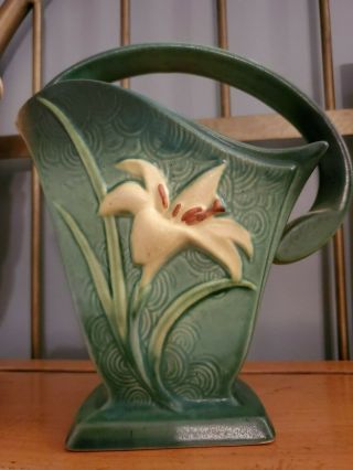 Antique Roseville Evergreen Zephyr Lily Basket 394 - 8 Art Deco Style